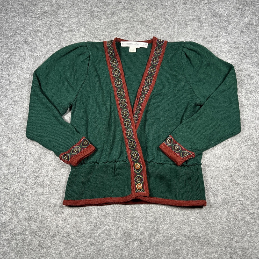 Anne Crimmins For UMI Collections Sweater Womens L Green Cardigan Puff Sleeve